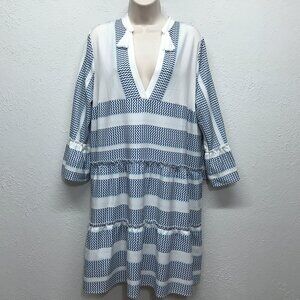 Mazik Shift Dress Womens M White Blue Geometric V-Neck Bell Sleeve Tassel Ruffle
